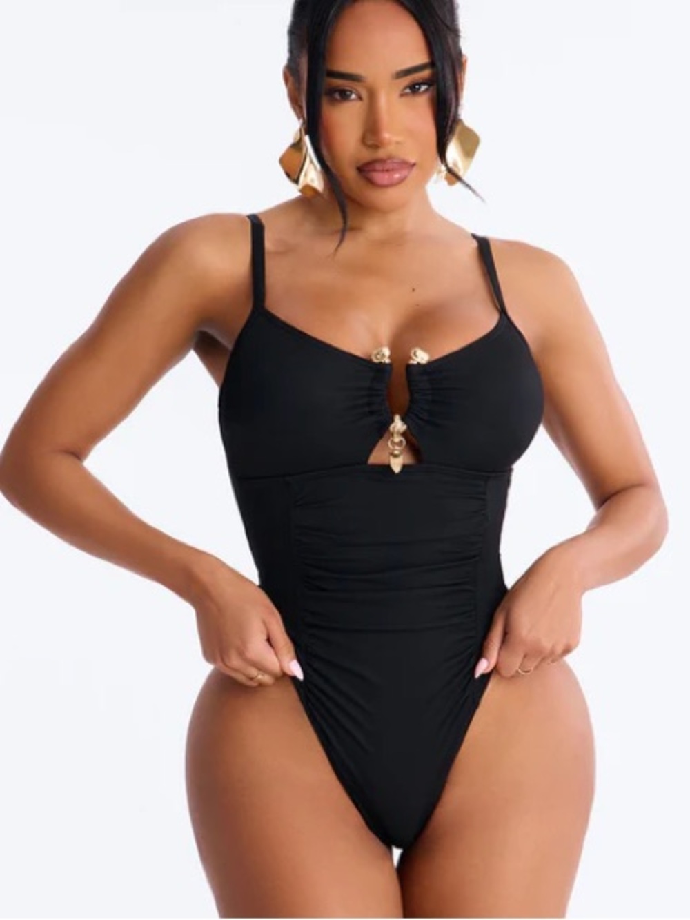 Fashion Nova Women’s Medium Black and Gold  One Piece Summer Vacation Swimsuit